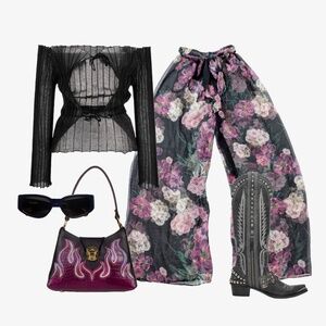 Sheer Floral Wide Leg Pants Transparent Belted Capris Flowers Moody